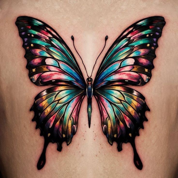 a colorful butterfly tattoo on the back of a woman's upper body and chest