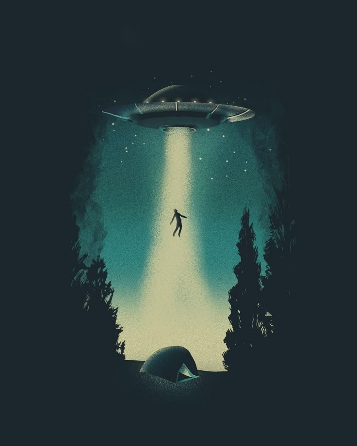 an alien floating in the sky over trees and a man on a surfboard below