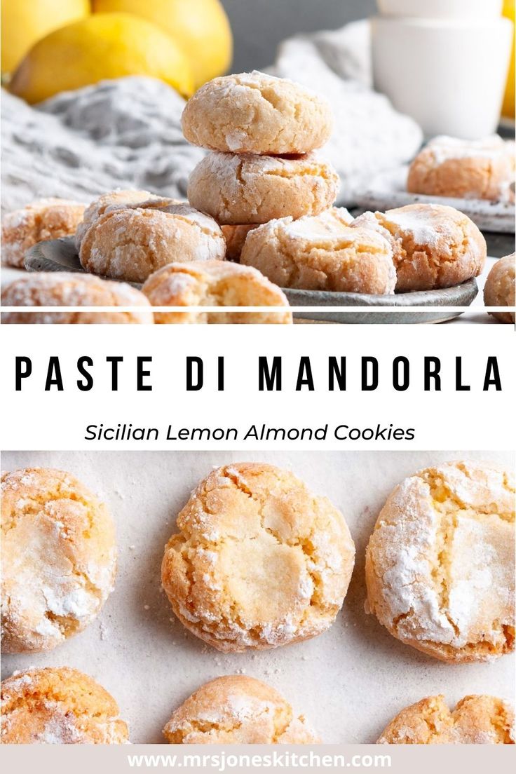 lemon almond cookies are stacked on top of each other with the words paste di mandorla