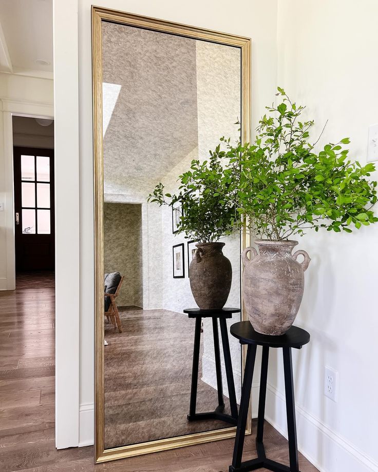 a mirror sitting on top of a wooden floor next to a vase filled with plants