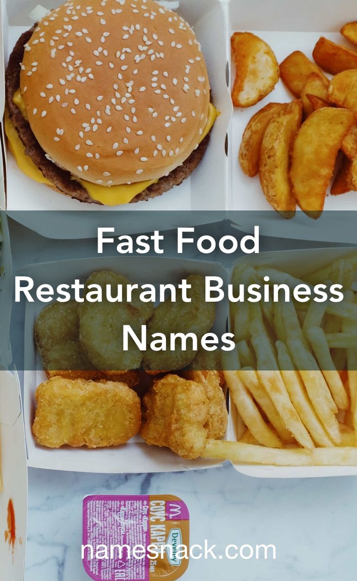 the fast food restaurant business names are in white trays with fries, hamburger and french fries