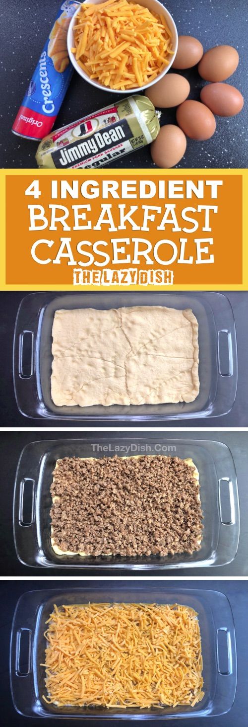 four different breakfast casserole dishes in plastic containers with text overlay that reads, 4 ingredient breakfast casserole