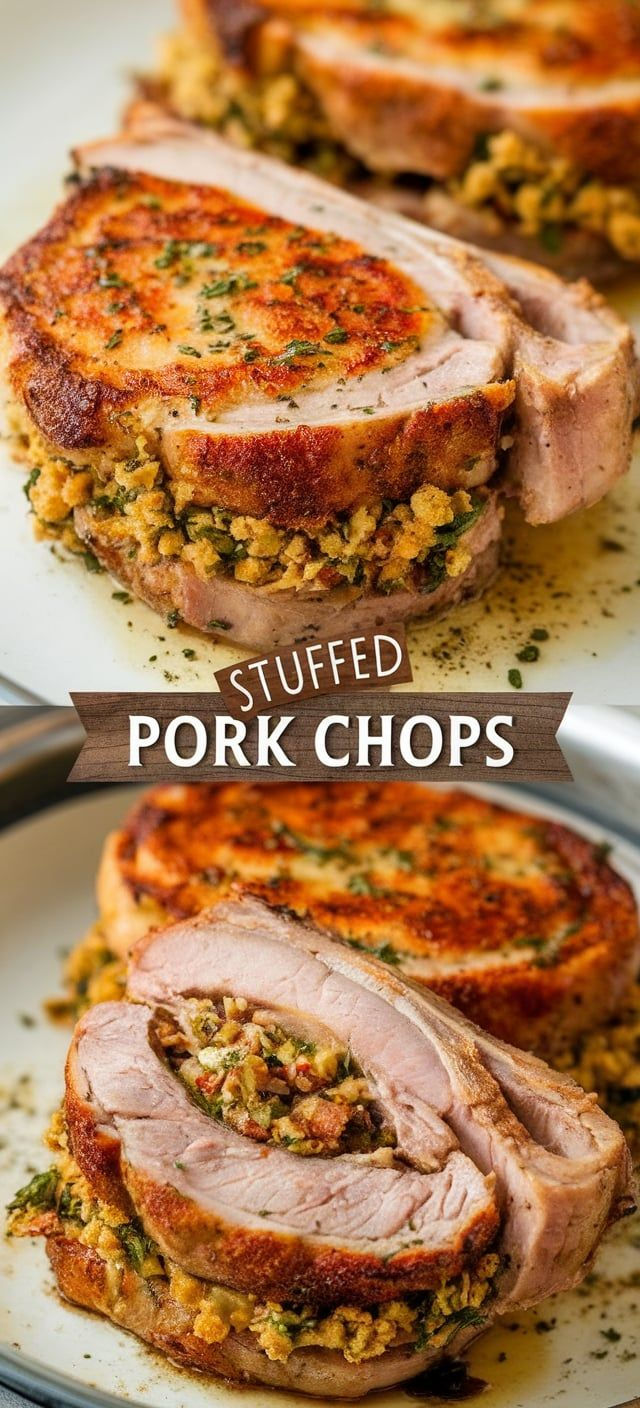 Stuffed Pork Chops: a juicy, flavorful meal that's perfect for any occasion! Tender pork chops filled with a savory stuffing, seared to perfection, and baked for a deliciously hearty dinner. Air Fried Stuffed Pork Chops, How To Make Stuffed Pork Chops, Gluten Free Stuffed Pork Chops, Stuffing Stuffed Pork Chops, Bone In Stuffed Pork Chops, Stuffed Porkchops Dinner Ideas, Stuffing Pork Chops Baked, Pork Chops Stuffed, Stuffed Pork Chops With Stove Top