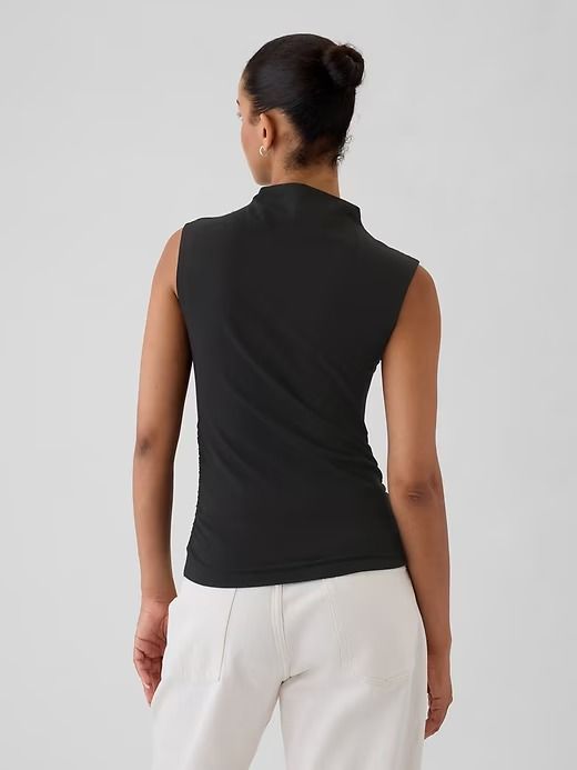 Modern Funnel-Neck Ruched Tank Top | Gap Casual Fitted Gap Tank Top, Gap Fitted Casual Tank Top, Gap Casual Fitted Tank Top, Fitted Gap Tops, Gap Stretch Tank Top For Spring, Chic Sleeveless Gap Tops, Chic Sleeveless Tops By Gap, Versatile Stretch Sleeveless Muscle Tee, Gap Stretch Tank Top