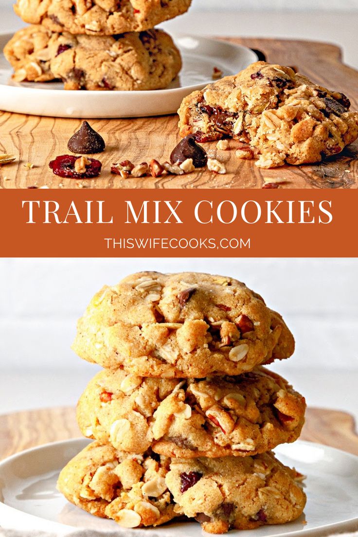 three cookies stacked on top of each other with the words trail mix cookies above them