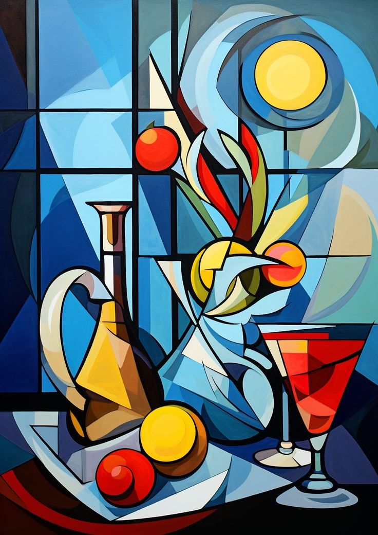 a painting of a vase and two glasses on a table