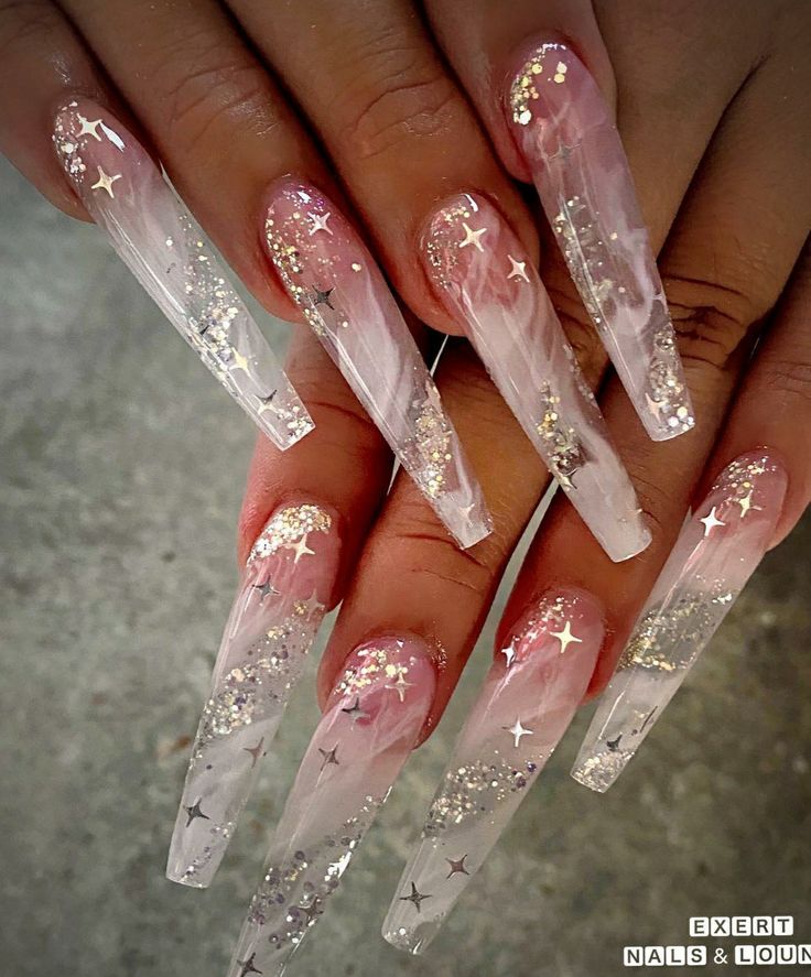 Clear Design Acrylic Nails, Long Acrylic Nails Clear, Clear Glass Nail Designs, Clear Stilletos Nails, White And Clear Nails, Long Clear Nails, Encapsulated Nails Acrylics, Dramatic Nails Designs, Transparent Acrylic Nails