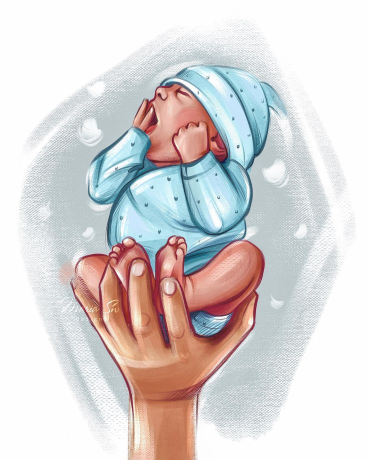 a drawing of a person holding a baby in their arms with water droplets around them