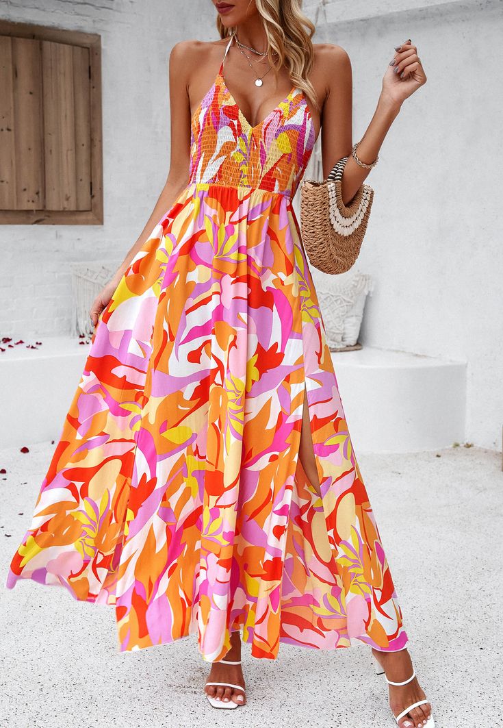 Unleash your inner island goddess with our Hawaii Floral Print Tie Back Halter Maxi Dress in vibrant orange. Featuring a halter neckline and tie back for a flattering fit, this maxi dress is perfect for summer soirees and beach vacations. Don't forget to pack this beauty for your next tropical getaway! Size Guide: Model is 5’8” tall, and has a 33.8” bust, 24.2” waist, & 35.9” hips. She is wearing a S / US 4 / AU 8. This dress is true to size. Material: 100% Polyester. Feature: Halter Neckline. Sleeveless. Open Back Tie. Smocked Chest. Floral Prints. Lined. Maxi length. Care Instructions: Machine wash / Cold hand wash Tropical Print Dress Summer, Tropical Print Dress, Halter Neck Maxi Dress, Weave Style, Orange Dress, Smock Dress, American Women, Dress Summer, Tropical Print