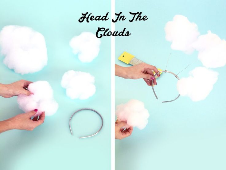 two pictures with hands holding scissors and clouds