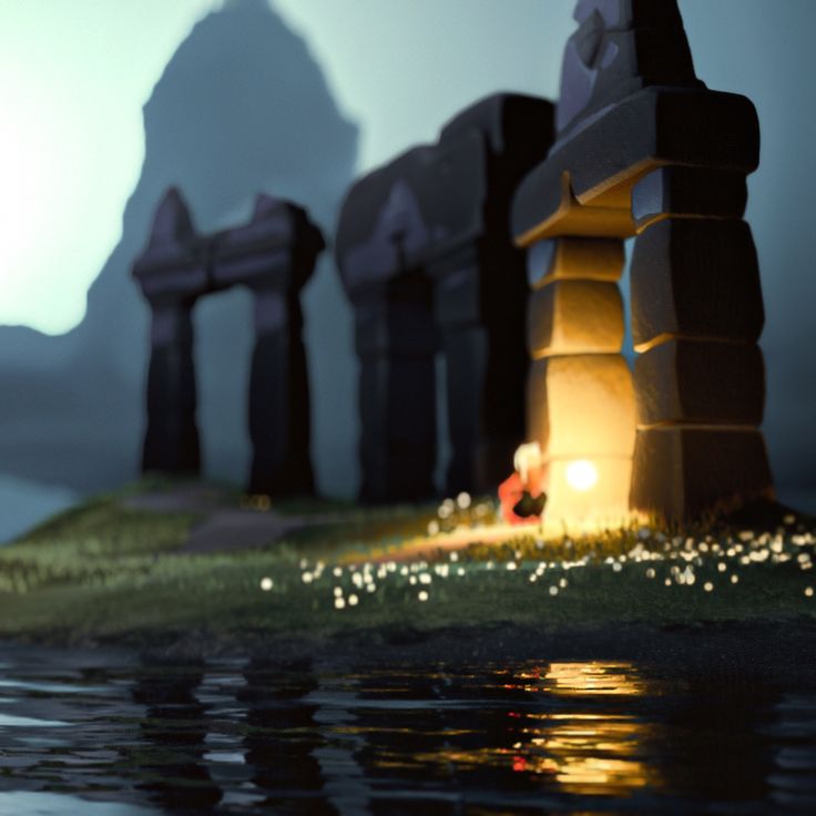 an animated scene of stonehenge by the water's edge at night time