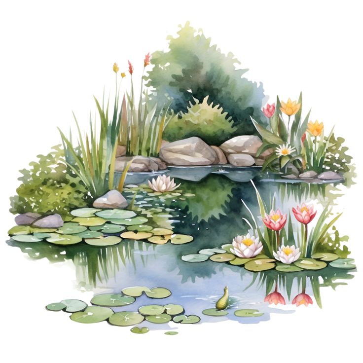 water lilies and lily pads on the edge of a pond with rocks in the background