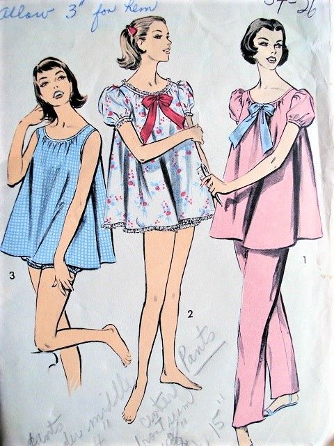 1950s Sleepwear, 1950s Pajamas, Flirty Pajamas, Sleepwear Women Nightwear, Baby Doll Pajamas, 40s Mode, Nightgown Pattern, Lingerie Patterns, Vintage Pajamas