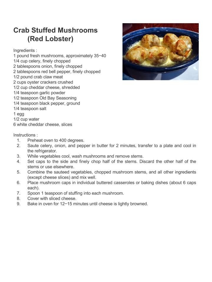 the recipe for crab stuffed mushrooms is shown in this page, which includes instructions to make it