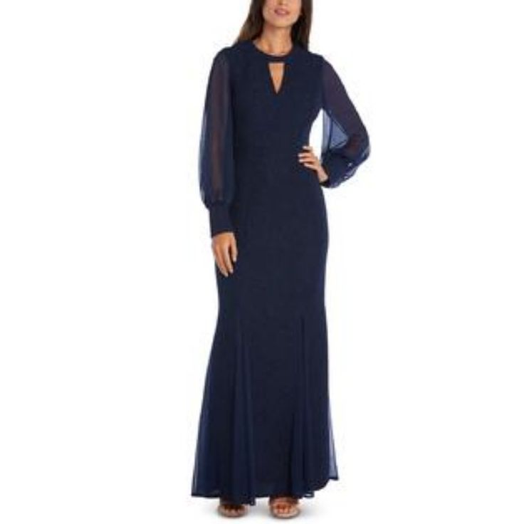 Night Way Formal Dress Sheer Long-Sleeve, Keyhole Gown Shimmery, Glitter Mermaid In Navy Elegant Stretch Dresses For Night, Blue Evening Dress With Sheer Sleeves, Fitted Long Sleeve Dress For Night, Blue Maxi Dress With Sheer Sleeves For Party, Dresses Night, Green Formal Dresses, Cutout Gown, Glitter Mermaid, Halter Top Dresses