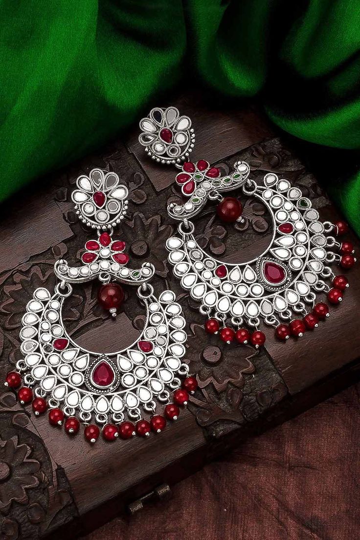 Buy Women's Oxidized Chandbali Earrings In Silver Red Indian, Buy Mirror, Chandbali Earrings, Jewelry Mirror, Earring Designs, Utsav Fashion, Clean Cotton, Stone Studs, Red Earrings