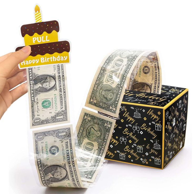 a hand holding a piece of money with a birthday candle on top of it, and another roll of dollar bills in the background