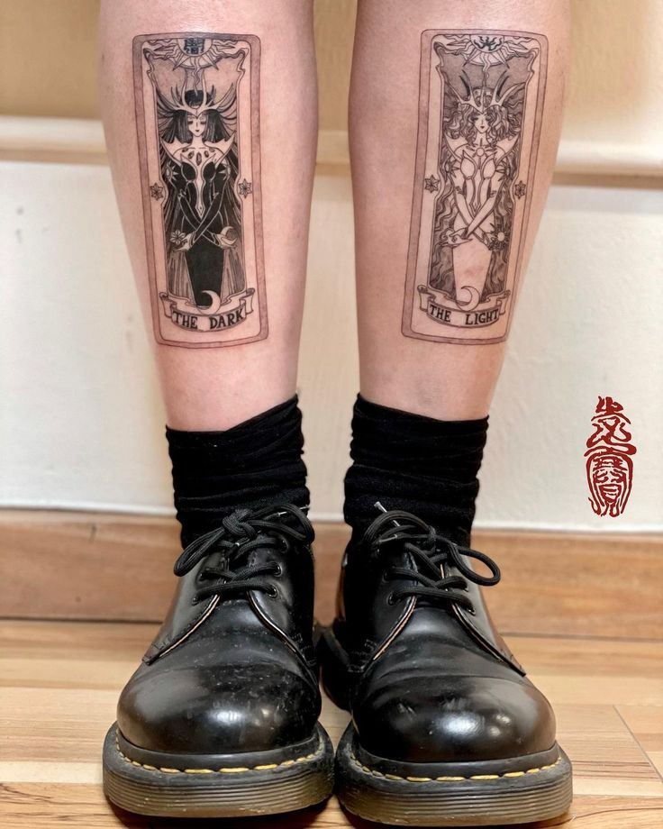 the legs and ankles of a person with tattoos on them