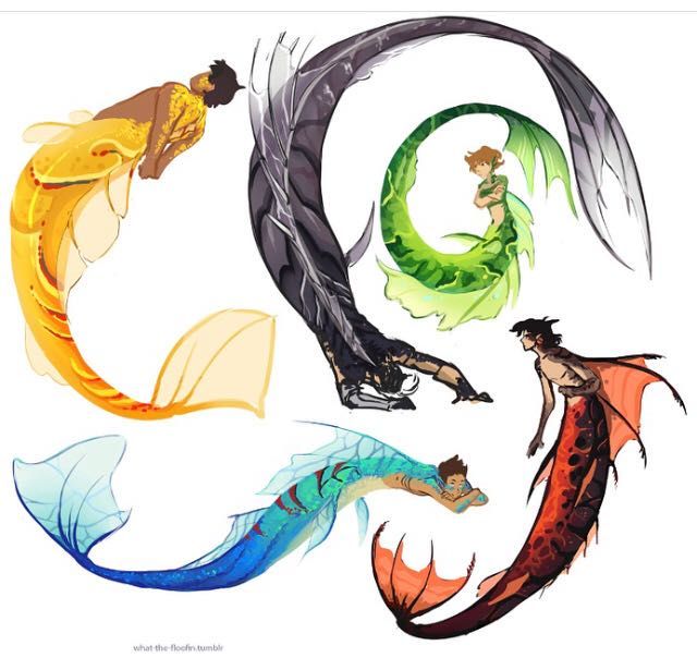 four different types of mermaids with their tails curled in the shape of an o