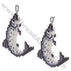 the cross stitch pattern shows two fish hanging from hooks, one is black and white