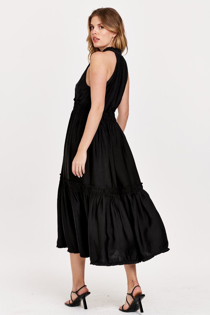 Halter tank maxi dress, ruffle collar & self ties, tiered skirt with ruffle hem. Ever flawless & defined, personifying the sophisticated & trend setting muse... Solid woven on standard fit.Body length from HPS: 52", Sleeve length: N/A, Bust: 36" (Size Small) 100% POLYESTER Machine wash cold, Line Dry Imported Skirt With Ruffle Hem, Skirt And Top Dress, Denim Essentials, Tank Maxi Dress, Dress Guide, Black Tank Dress, Halter Tank, Maxi Tank Dress, Ruffle Collar