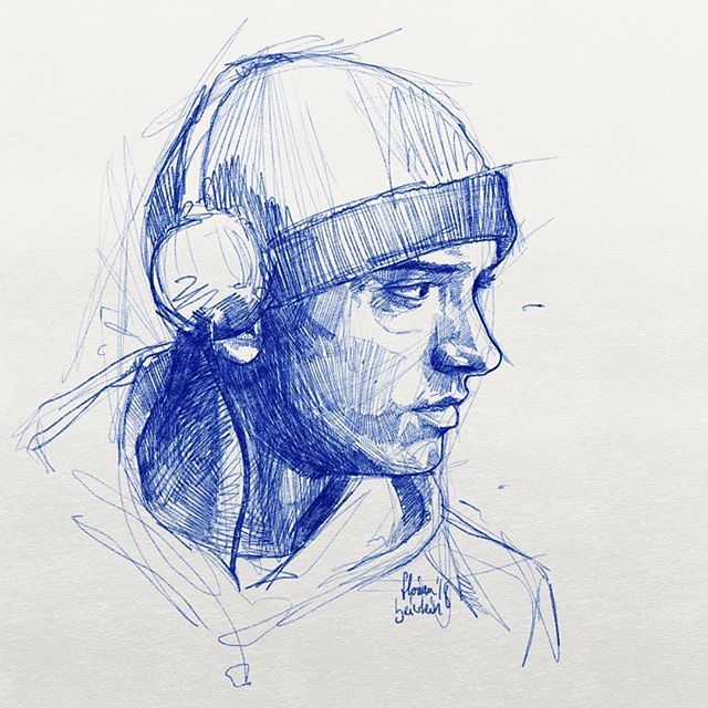 a drawing of a person with headphones on