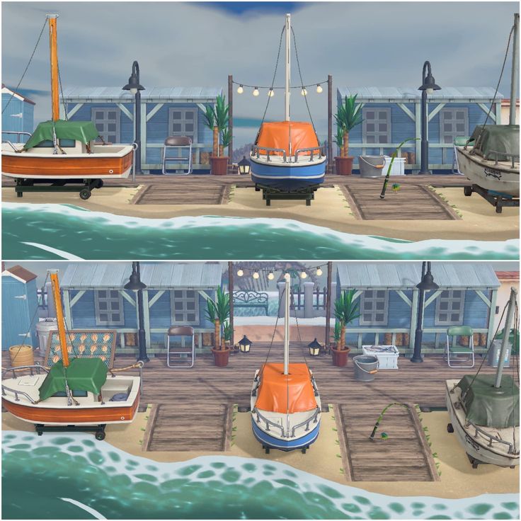 there are two pictures of boats in the water and one has an orange boat on it