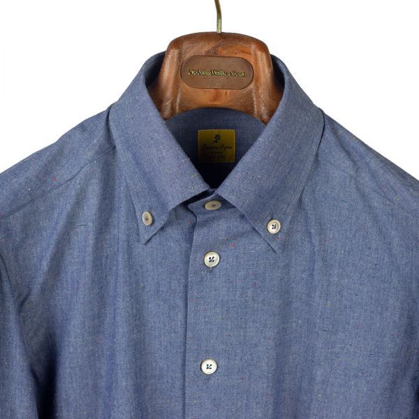 G. Inglese Japanese donegal denim cotton shirt, buttoned collar | No Man Walks Alone Chambray Shirts, Handmade Shirts, Wedding Shirts, Shirt Maker, Chore Jacket, Navy Blazer, Denim Cotton, Japanese Fabric, Chambray Shirt