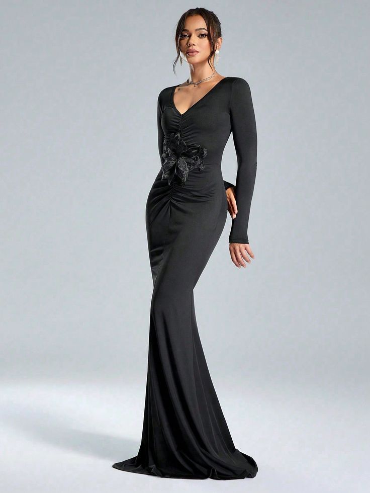 Women's Fashionable And Elegant V-Neck Solid Color Pleated 3D Three-Dimensional Flower Knitted High Elastic Black Party Cocktail Dinner Dress Formal Evening Dress (Exquisite Craftsmanship), Women's Fishtail Hip-Wrapped Long Dress With Extra Large Swing Volume, Long Sleeve Prom Dress, For Wedding Guest, Graduation Black Elegant  Long Sleeve Knitted Fabric Colorblock,Plain Bodycon High Stretch  Weddings & Events, size features are:Bust: ,Length: ,Sleeve Length: Dinner Dress Formal, Black Velvet Gown, Long Sleeve Prom, Velvet Gown, Elegant Prom Dresses, فستان سهرة, Women Formals, Dinner Dress, Prom Dresses With Sleeves