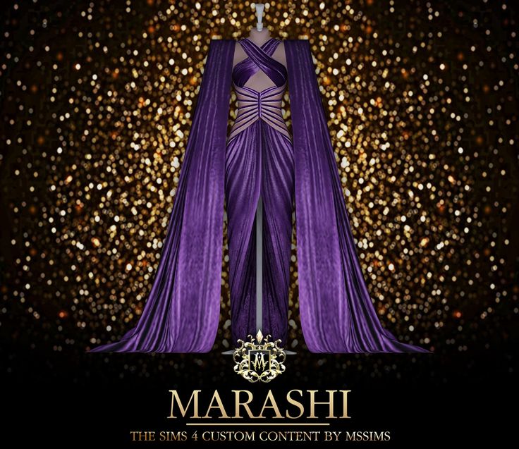 a purple dress with gold glitters behind it and the words maraashi on it