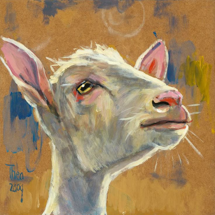 a painting of a goat with pink ears and white fur on it's head