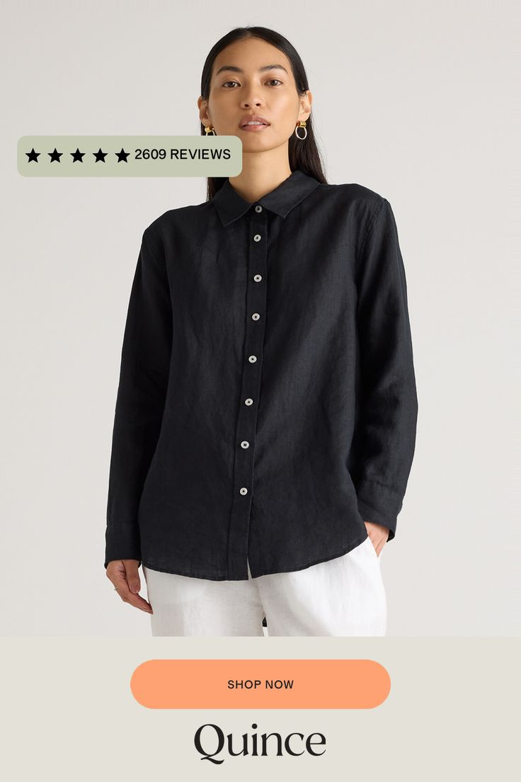 The wash, dry, and go linen shirt you've been waiting for. Chic yet casual, this classic button-up is a true wardrobe essential. Did we mention, it goes with just about everything? Including our organic linen pants.  | Quince | Women's Long Sleeve Shirt in Black, Size XS, Linen European Linens, Organic Linens, Womens Long Sleeve Shirts, Linen Pants, Linen Shirt, Quince, Women Long Sleeve, Wardrobe Essentials, Long Sleeve Shirt