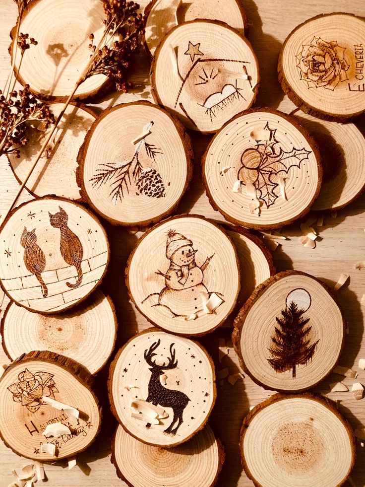 wood slices with different designs on them