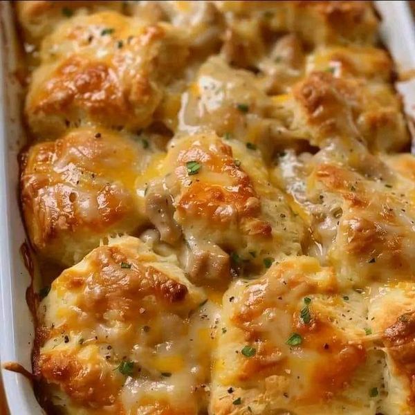 a casserole dish filled with meat and cheese