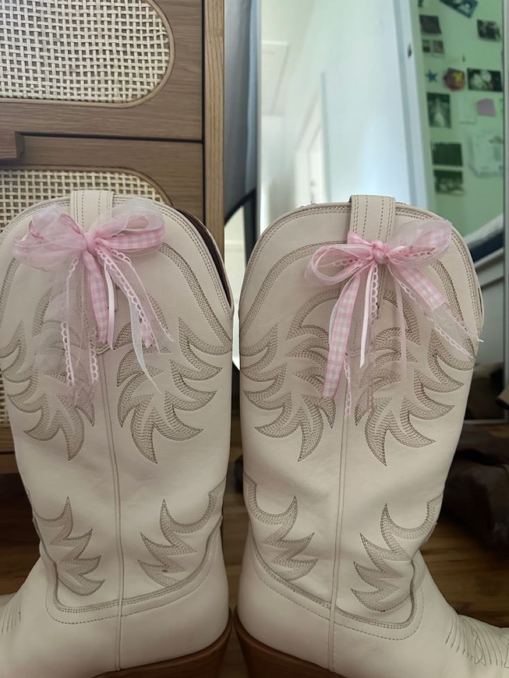 Bows On Boots, Cowgirl Boots With Ribbon, Ribbon On Boots, Pink And White Cowboy Boots, Boots With Ribbon, Ribbon Cowboy Boots, Ribbon On Cowgirl Boots, Cowboy Boots With Ribbon, Ribbon On Cowboy Boot