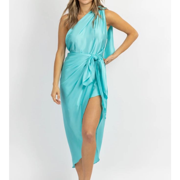 Shop Labeye. Turquoise Satin One Shoulder Wrap Dress. Never Worn. Nwt. Chic Turquoise Maxi Dress For Spring, Elegant Turquoise Sleeveless Midi Dress, Turquoise Mini Dress For Summer Party, Chic Turquoise Maxi Dress For Beach, Elegant Sleeveless Midi Dress In Turquoise, Elegant Sleeveless Turquoise Midi Dress, Sleeveless Turquoise Chic Midi Dress, Chic Sleeveless Turquoise Midi Dress, Turquoise Chic Sleeveless Maxi Dress