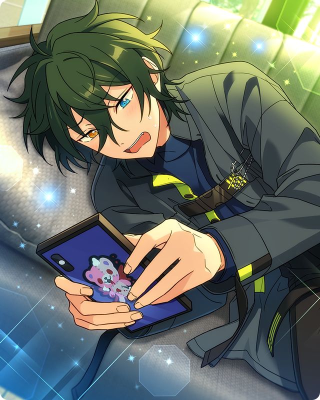 an anime character sitting on a couch looking at his tablet computer while holding something in his hand