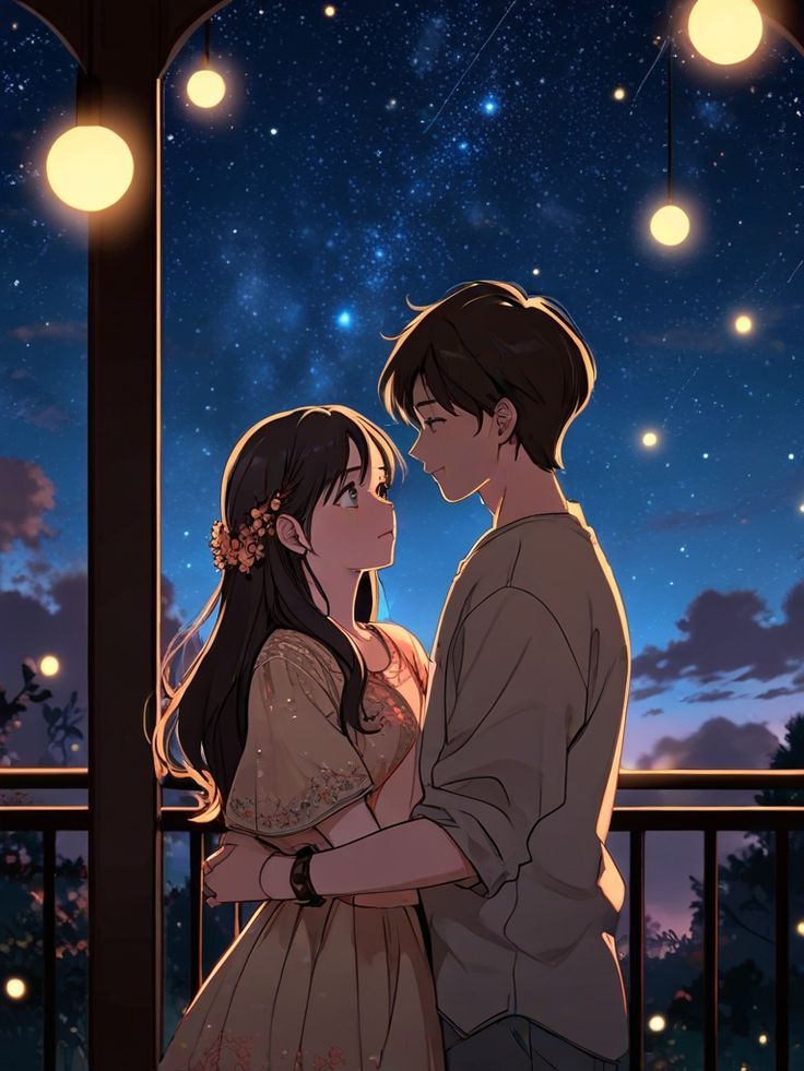 two people standing next to each other in front of a window with stars above them