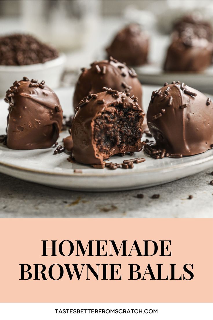 chocolate brownie balls on a plate with text overlay that reads homemade brownie balls