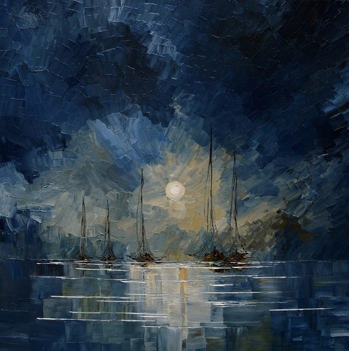 an oil painting of sailboats in the ocean at night