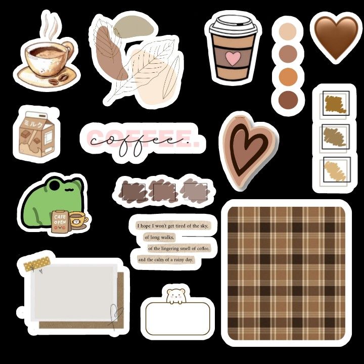 various stickers and decals on a black background, including coffee beans, leaves, hearts, cookies, hot chocolates