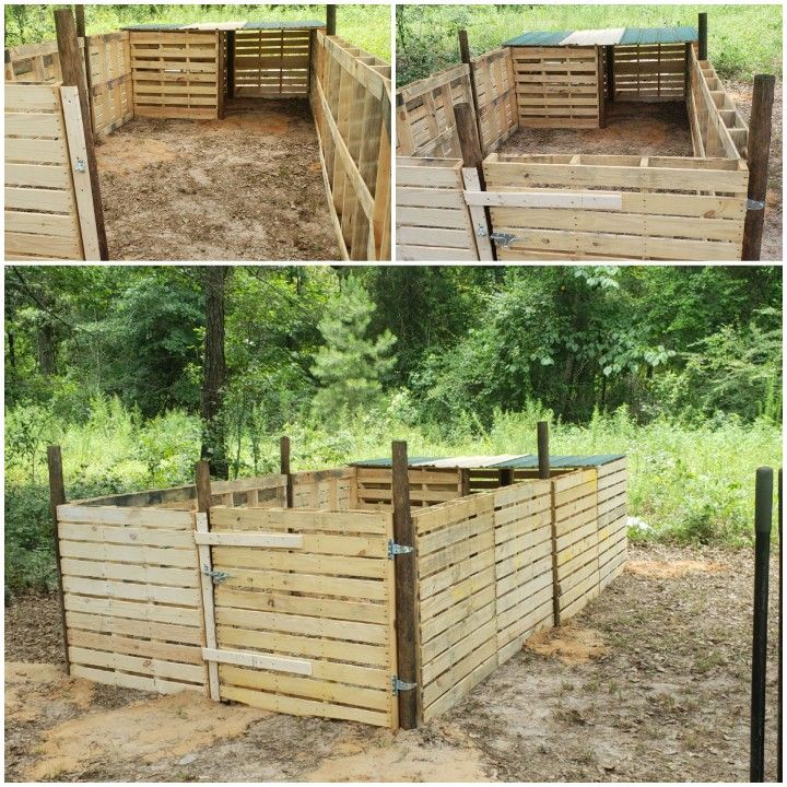 several different pictures of a fence made out of pallets and wooden planks, with trees in the background