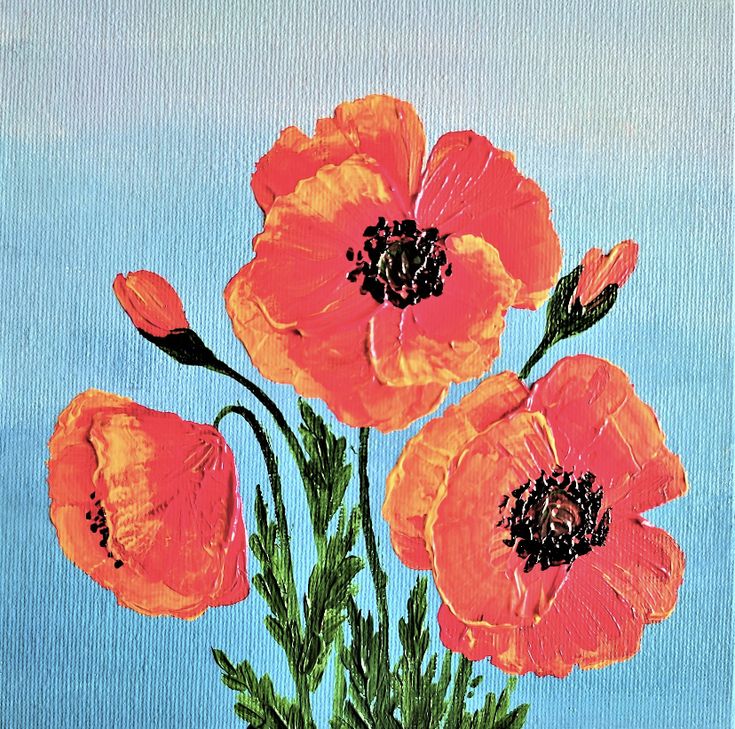 an acrylic painting of three orange poppies in a vase on a blue background