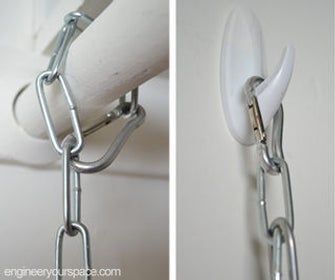 two pictures of the same chain attached to a toilet paper dispenser, one in white and one in silver