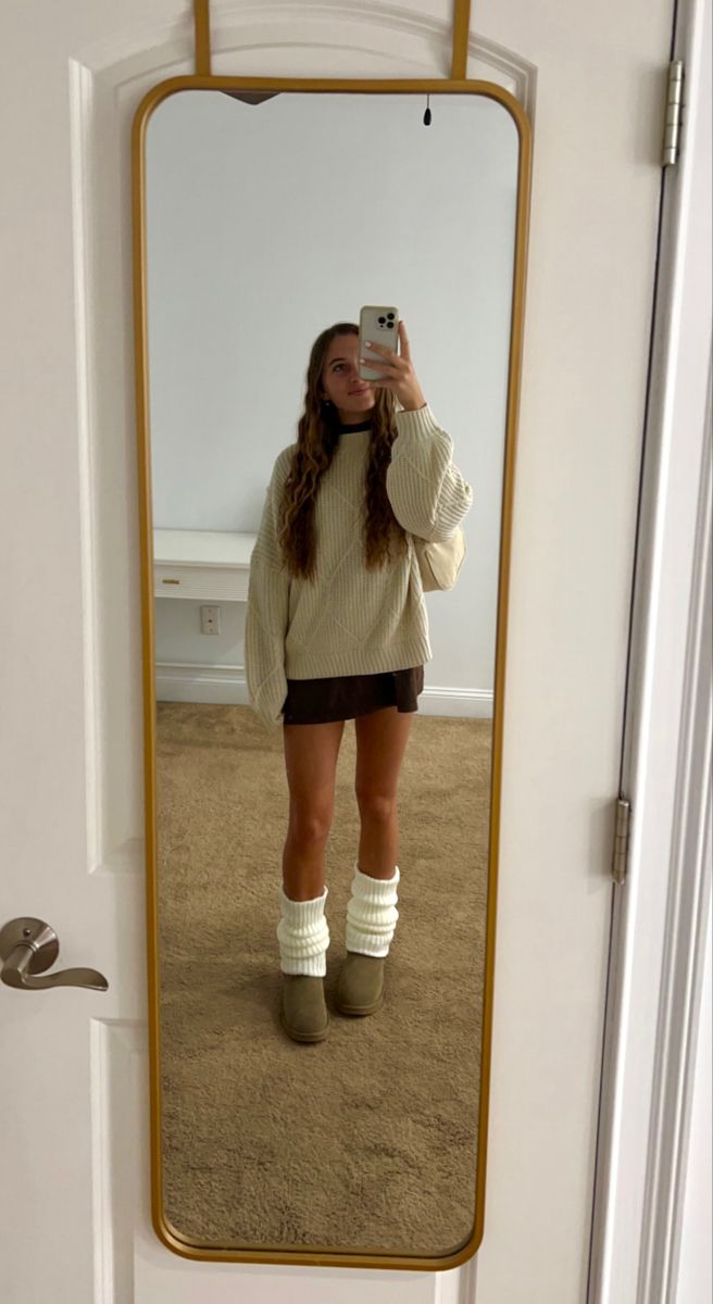 Leg warmers outfit brown dress with cream sweater and Uggs Uggs outfit Belly Thanksgiving Outfit, Cute Fall Outfit Inspiration, Fall Dress Outfit Aesthetic, Sweater Dress With Leg Warmers, Thanksgiving Outfit Uggs, Sweater Thanksgiving Outfit, Leg Warmer Aesthetic Outfit, Ugg Boots With Leg Warmers, Tasman Uggs And Leg Warmers