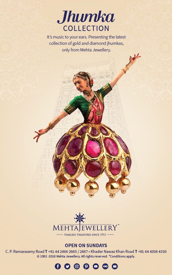 an advertisement for the mumbai jewellery collection, featuring a woman in a colorful dress with her arms outstretched