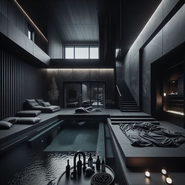 an indoor swimming pool in the middle of a room with candles on the floor and black walls