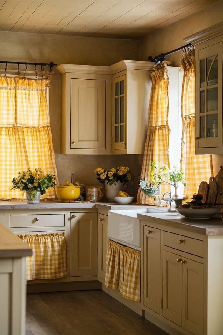 a kitchen with yellow curtains and white cabinets