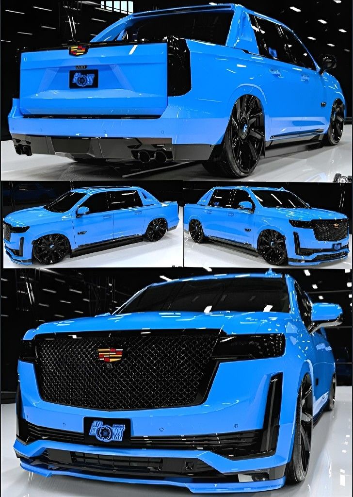 the front and side view of a blue cadillac suv with black rims on display at an auto show