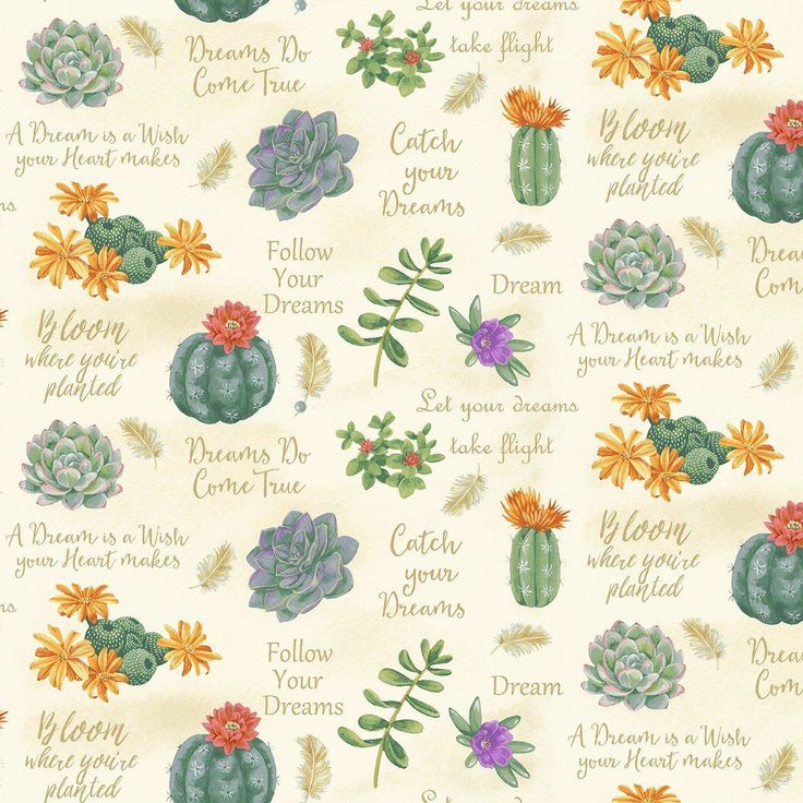 Dream Catcher Multi Succulents and Sayings Fabric  9746-46 Dreamcatcher Design, Allover Design, Crochet Cactus, Pastel Grey, Primitive Gatherings, Gold Text, Cactus Garden, Dream Catchers, Embroidery Ideas